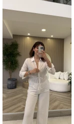 Bağcıklı Dökümlü Gömlek - Ekru - Kod: 124