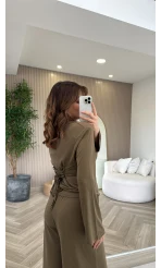 Beli Bağcıklı Uzun Kollu Bluz Eşofman Takım - Haki