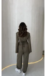 Beli Bağcıklı Uzun Kollu Bluz Eşofman Takım - Haki