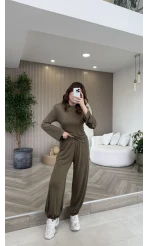 Beli Bağcıklı Uzun Kollu Bluz Eşofman Takım - Haki