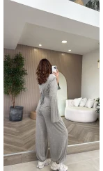 Beli Bağcıklı Uzun Kollu Bluz Eşofman Takım - Gri