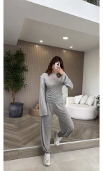 Beli Bağcıklı Uzun Kollu Bluz Eşofman Takım - Gri