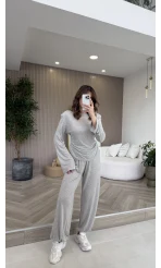 Beli Bağcıklı Uzun Kollu Bluz Eşofman Takım - Gri