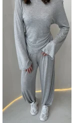 Beli Bağcıklı Uzun Kollu Bluz Eşofman Takım - Gri