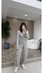 Beli Bağcıklı Uzun Kollu Bluz Eşofman Takım - Gri