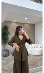 Beli Toka Detaylı Bluz Pantolon Takım - Haki - Kod: 9399
