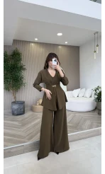 Beli Toka Detaylı Bluz Pantolon Takım - Haki - Kod: 9399