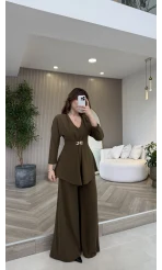 Beli Toka Detaylı Bluz Pantolon Takım - Haki - Kod: 9399