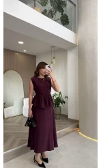 Volanlı Sıfır Kol Elbise - Bordo