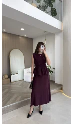 Volanlı Sıfır Kol Elbise - Bordo