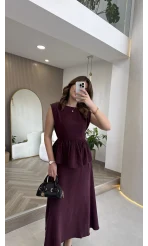 Volanlı Sıfır Kol Elbise - Bordo