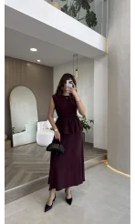 Volanlı Sıfır Kol Elbise - Bordo