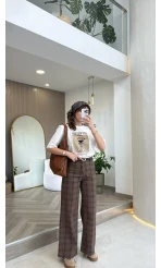 Ekose Desenli Yüksek Bel Denim Jean Pantolon - Kahverengi