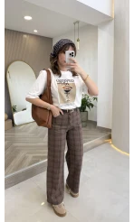 Ekose Desenli Yüksek Bel Denim Jean Pantolon - Kahverengi