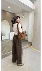 Ekose Desenli Yüksek Bel Denim Jean Pantolon - Kahverengi