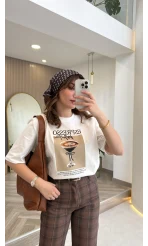 Espresso Baskılı T-shirt - Ekru - Kod: 0932