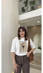 Espresso Baskılı T-shirt - Ekru - Kod: 0932