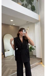 Napolı Omuz Detay Bağcıklı Yelek Takım - Siyah - Kod: 8005