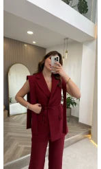 Napolı Omuz Detay Bağcıklı Yelek Takım - Bordo - Kod: 8005