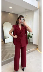 Napolı Omuz Detay Bağcıklı Yelek Takım - Bordo - Kod: 8005