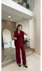 Napolı Omuz Detay Bağcıklı Yelek Takım - Bordo - Kod: 8005