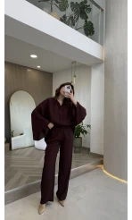 El Escorial Oversize Çizgili Takım - Bordo - Kod: 9069