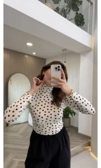 Boğazlı Puantiyeli Bluz - Ekru