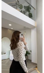 Boğazlı Puantiyeli Bluz - Ekru