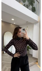 Boğazlı Puantiyeli Bluz - Kahverengi