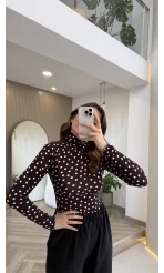 Boğazlı Puantiyeli Bluz - Kahverengi