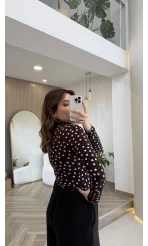 Boğazlı Puantiyeli Bluz - Kahverengi