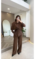 Vatkalı Garnili Bağcıklı Takım - Kahverengi - Kod: 51309