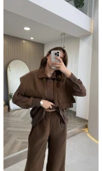 Vatkalı Garnili Bağcıklı Takım - Kahverengi - Kod: 51309