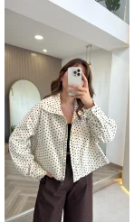 Seville Dik Yaka Puantiye Desenli Bambır Kısa Ekru Ceket