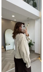 Seville Dik Yaka Puantiye Desenli Bambır Kısa Ekru Ceket