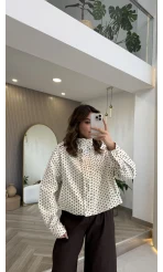 Seville Dik Yaka Puantiye Desenli Bambır Kısa Ekru Ceket