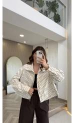 Seville Dik Yaka Puantiye Desenli Bambır Kısa Ekru Ceket