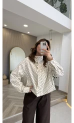Seville Dik Yaka Puantiye Desenli Bambır Kısa Ekru Ceket