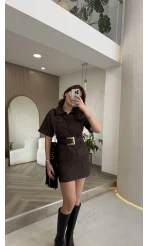 Gold Kemerli Safari Denim Elbise - Kahverengi - Kod: 260806