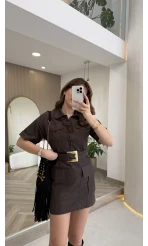 Gold Kemerli Safari Denim Elbise - Kahverengi - Kod: 260806