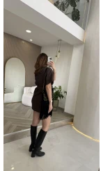 Gold Kemerli Safari Denim Elbise - Kahverengi - Kod: 260806