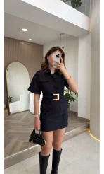 Gold Kemerli Safari Denim Elbise - Lacivert - Kod: 260806