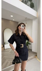 Gold Kemerli Safari Denim Elbise - Lacivert - Kod: 260806