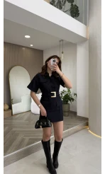 Gold Kemerli Safari Denim Elbise - Lacivert - Kod: 260806