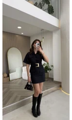 Gold Kemerli Safari Denim Elbise - Lacivert - Kod: 260806