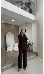 Napolı Omuz Detay Bağcıklı Yelek Takım - Kahverengi - Kod: 8005