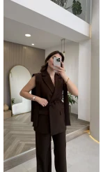 Napolı Omuz Detay Bağcıklı Yelek Takım - Kahverengi - Kod: 8005