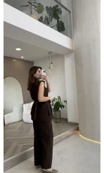 Napolı Omuz Detay Bağcıklı Yelek Takım - Kahverengi - Kod: 8005