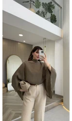 Yarasa Kol Kuşaklı Tül Bluz - Haki - Kod: 1670