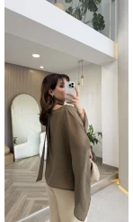 Yarasa Kol Kuşaklı Tül Bluz - Haki - Kod: 1670